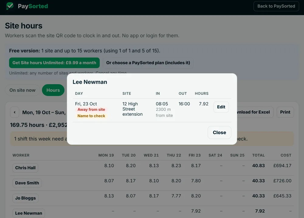A worker's shift with the labels Away from site and Name to check