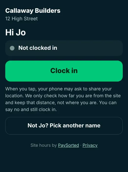 Phone screen with a big green Clock in button