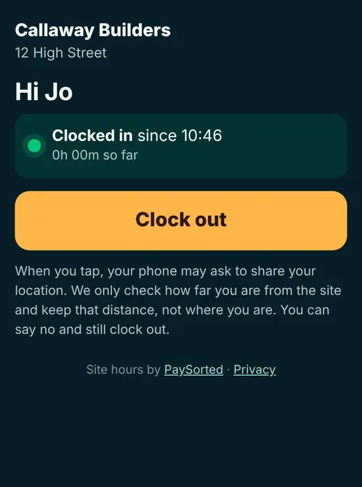 Phone screen showing clocked in since 07:50 and an orange Clock out button