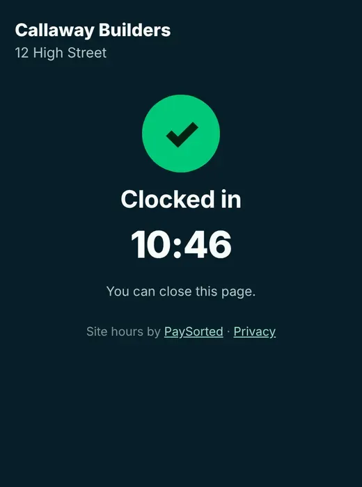 Phone screen with a tick saying Clocked in and the time