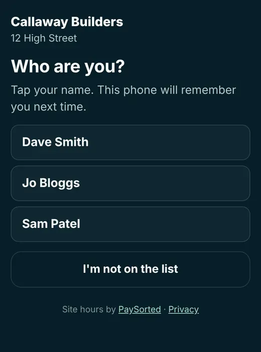 Phone screen asking the worker to tap their name