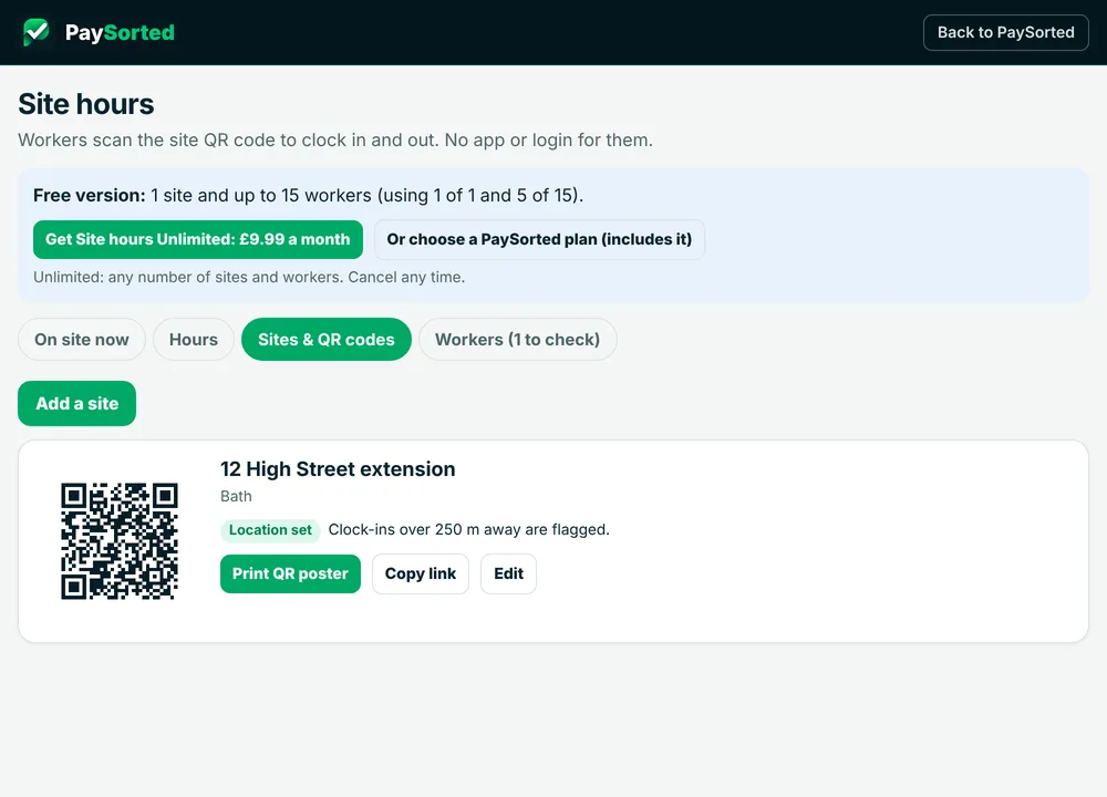 The Sites and QR codes page with a QR code for 12 High Street