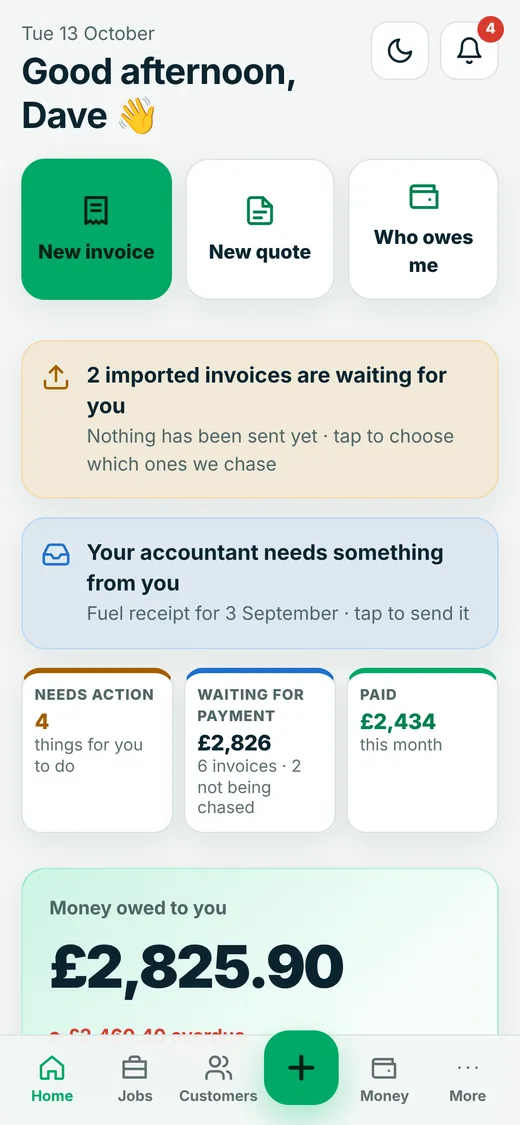 PaySorted app home screen on a phone with buttons for a new invoice, new quote and who owes me