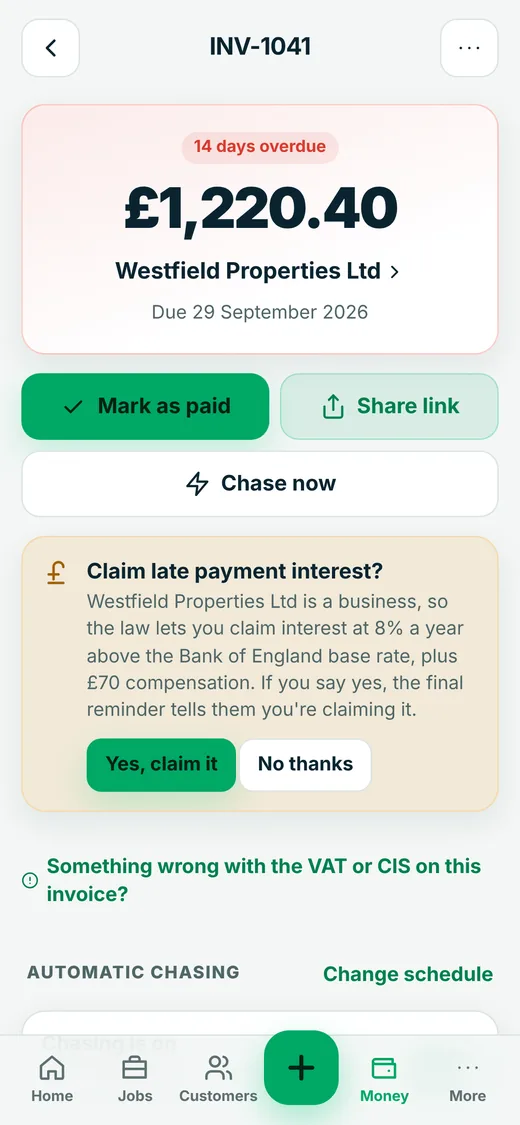 An overdue invoice in PaySorted with options to mark as paid, chase now and claim statutory late payment interest